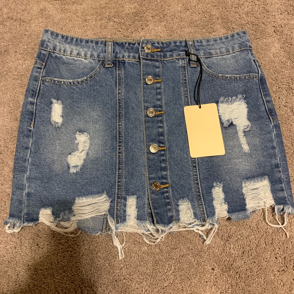 Distressed Button Up Denim Skirt